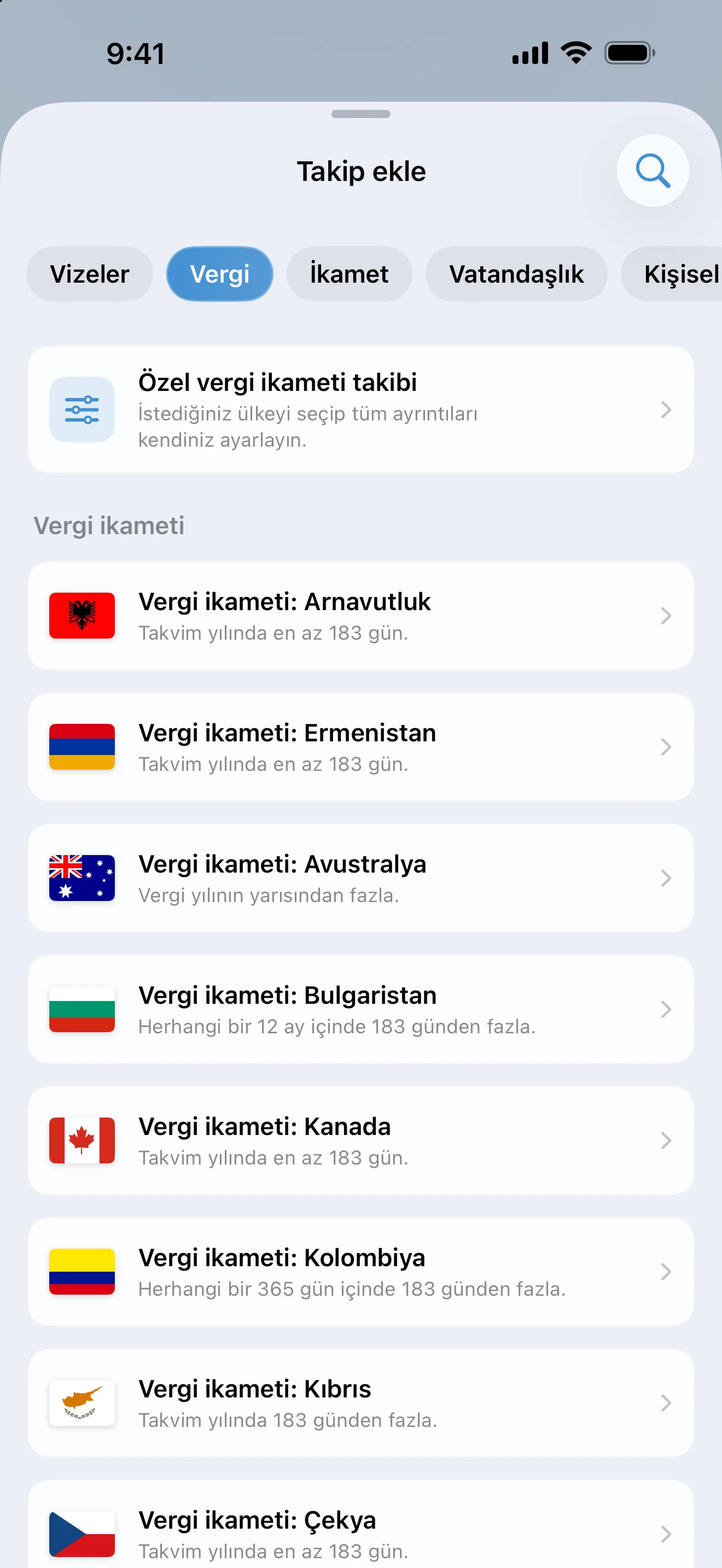 Vergi filtresi uygulanmış AtlasDays Takip ekle ekranı: Arnavutluk'tan Çekya'ya kadar vergi ikameti hazır kuralları ve gün testleri