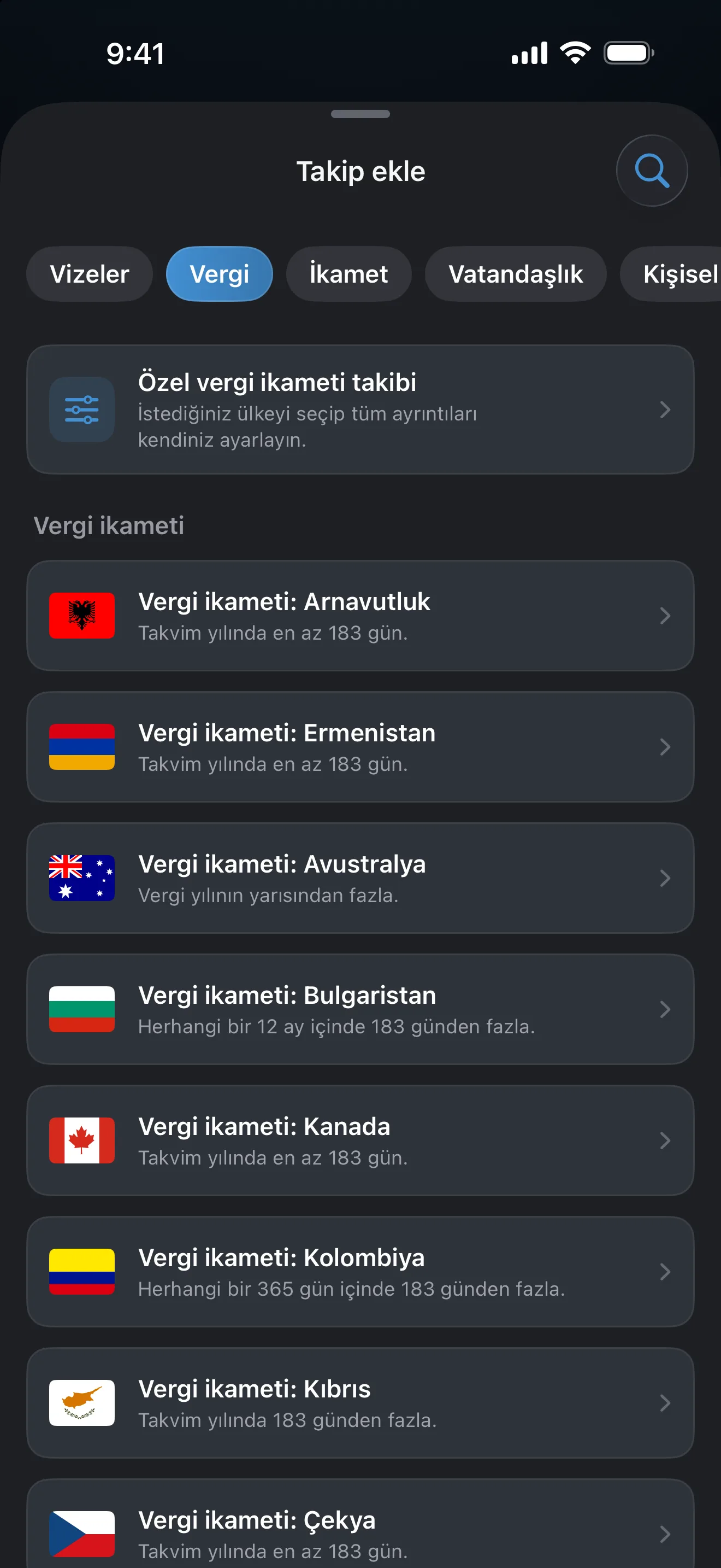 Vergi filtresi uygulanmış AtlasDays Takip ekle ekranı: Arnavutluk'tan Çekya'ya kadar vergi ikameti hazır kuralları ve gün testleri