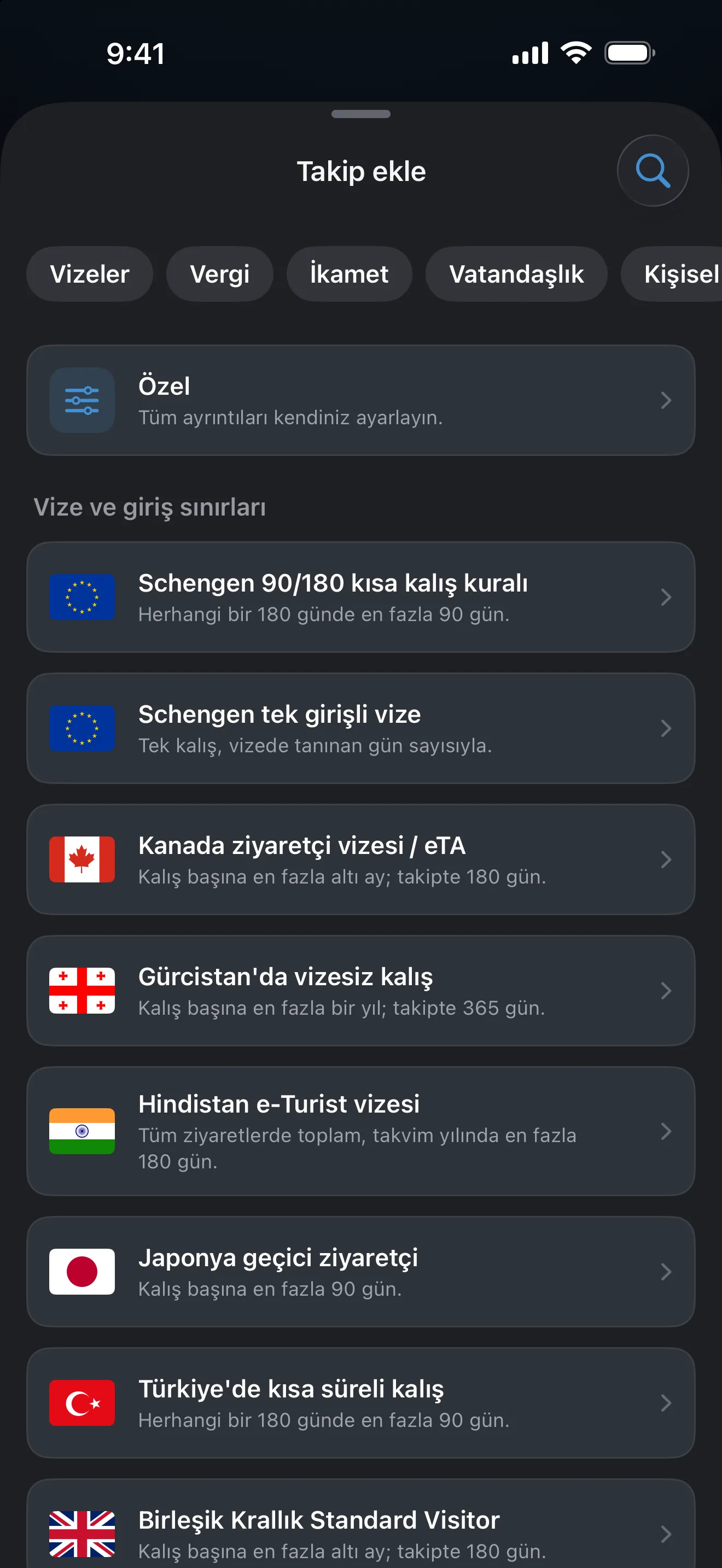 Hazır vize ve giriş sınırı kurallarının üzerinde Vizeler, Vergi, İkamet ve Vatandaşlık filtrelerini gösteren AtlasDays Takip ekle ekranı