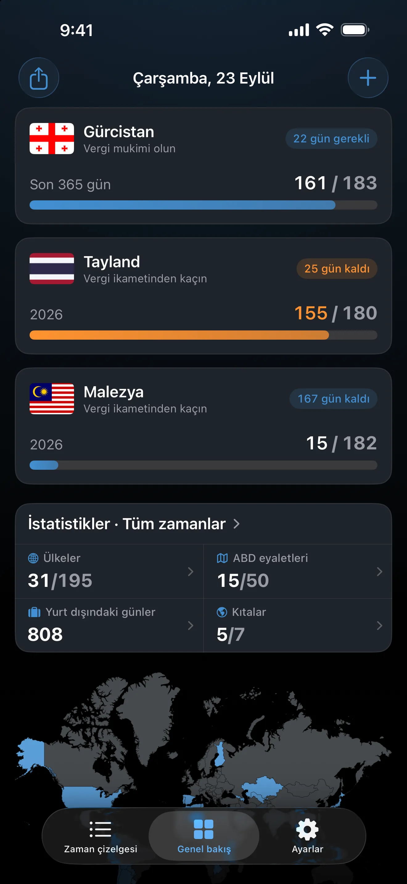 Üç vergi ikameti takibi olan AtlasDays genel bakış ekranı: 22 gün daha gereken, 183 günün 161'inde Gürcistan; 180 günün 155'inde turuncu Tayland; ve 182 günün 15'inde Malezya