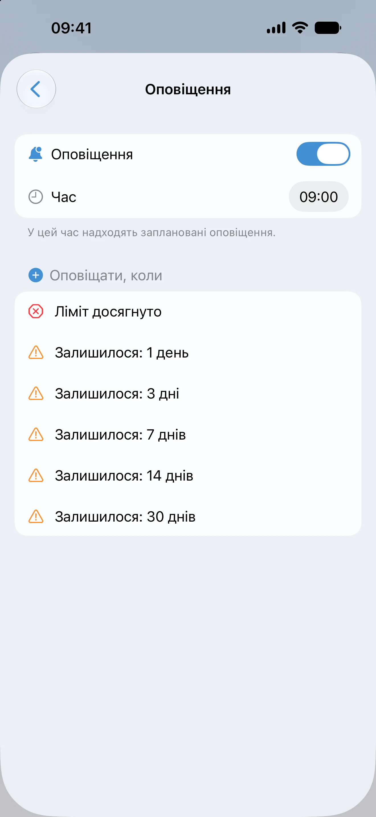 Налаштування оповіщень трекера AtlasDays: час надсилання та попередження від «залишилося 30 днів» до вичерпаного ліміту