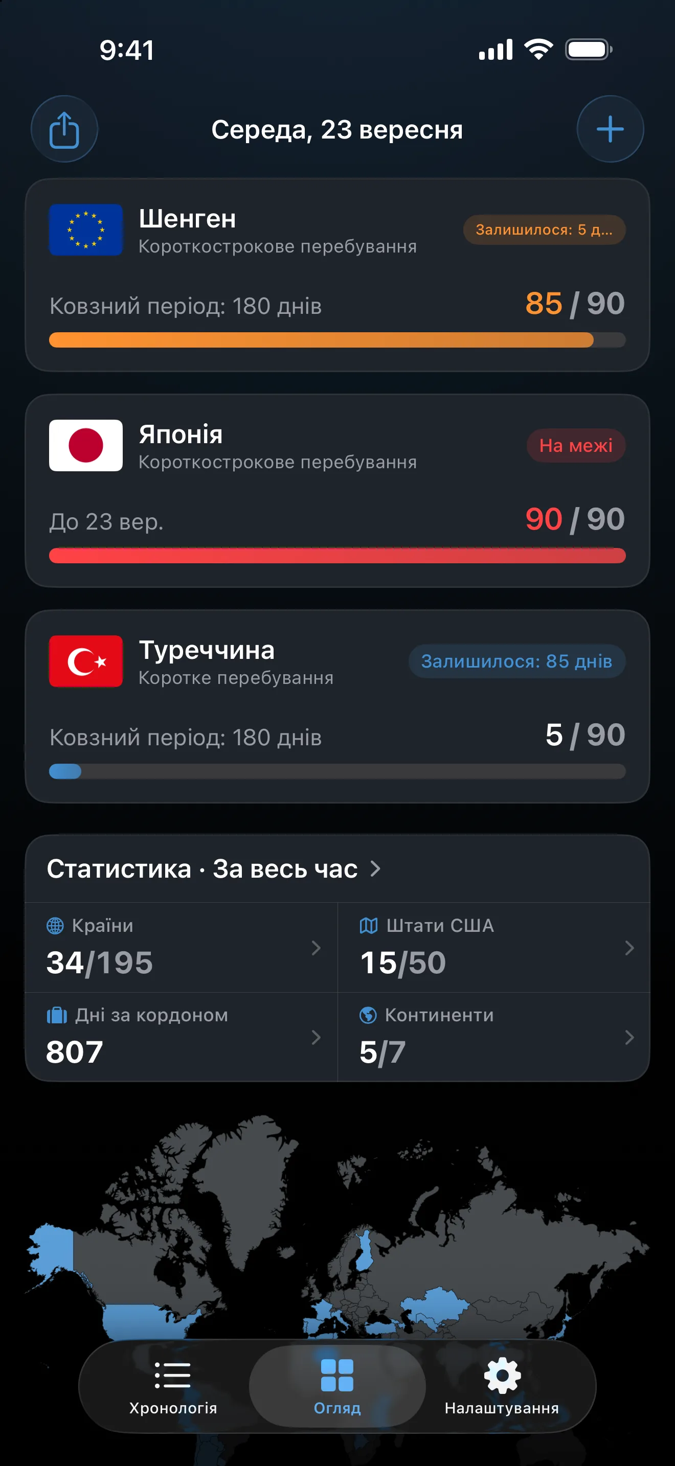 Огляд AtlasDays із трьома візовими трекерами: Шенген жовтогарячий на позначці 85 із 90 днів, «Японія: короткострокове перебування» червоне на ліміті, а Туреччина на позначці 5 із 90