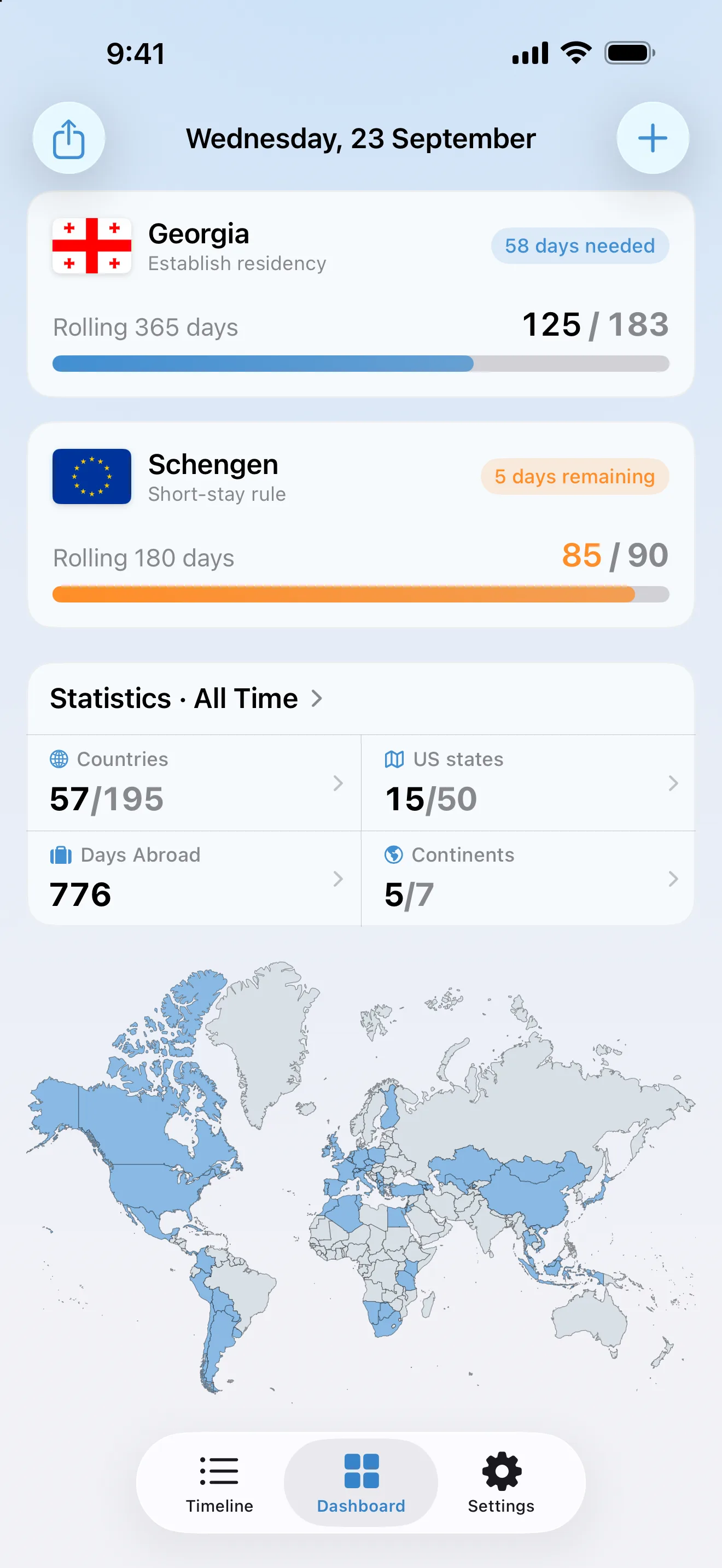 The AtlasDays dashboard on Wednesday, 23 September: a Georgia residency tracker, the Schengen tracker at 85 of 90 days, all-time statistics, and the world map of visited countries
