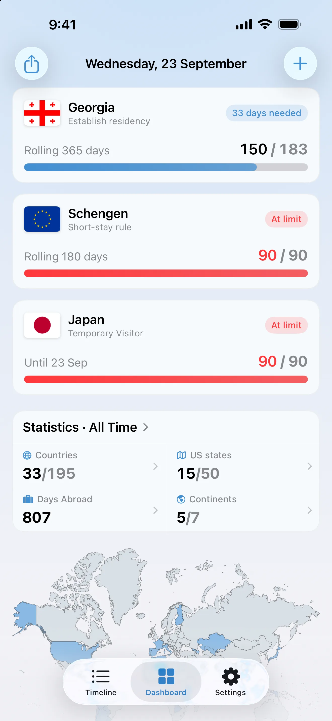 The AtlasDays dashboard with the Schengen and Japan visitor trackers both red at 90 of 90 days, marked At limit