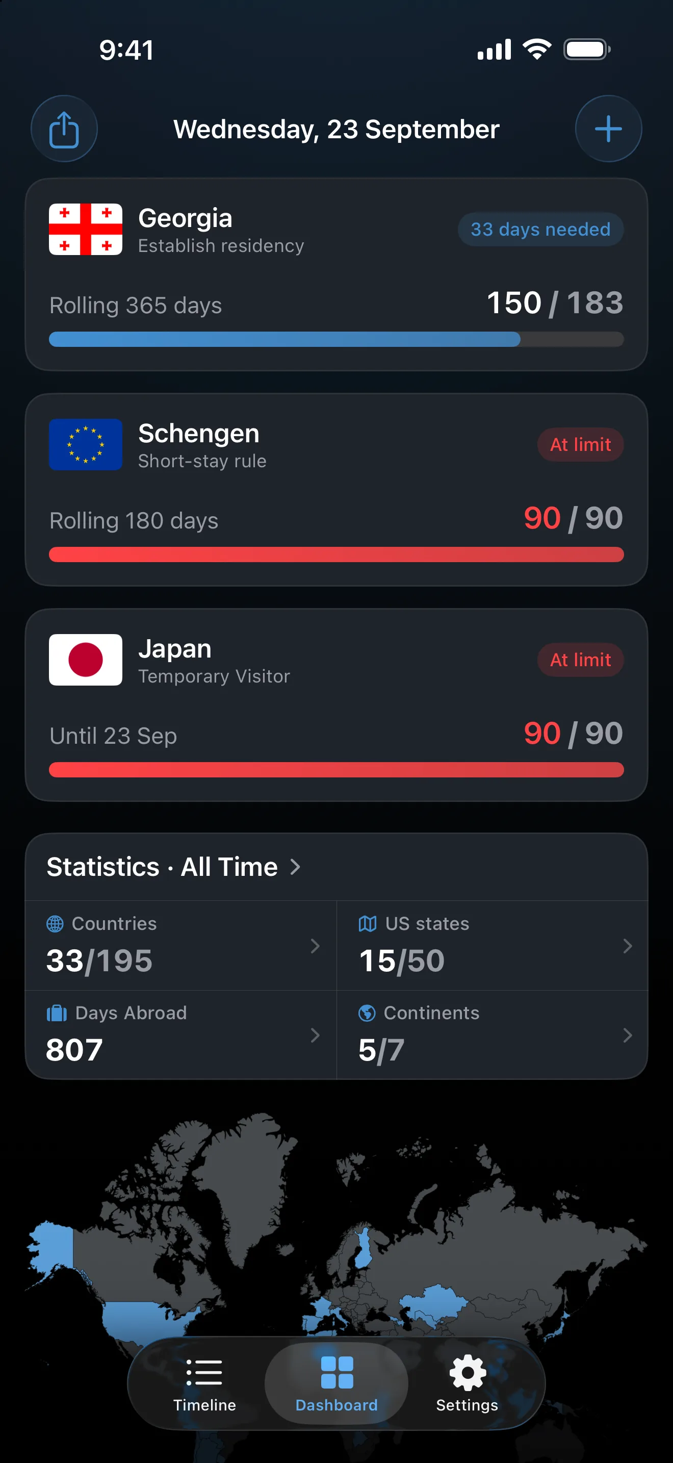 The AtlasDays dashboard with the Schengen and Japan visitor trackers both red at 90 of 90 days, marked At limit
