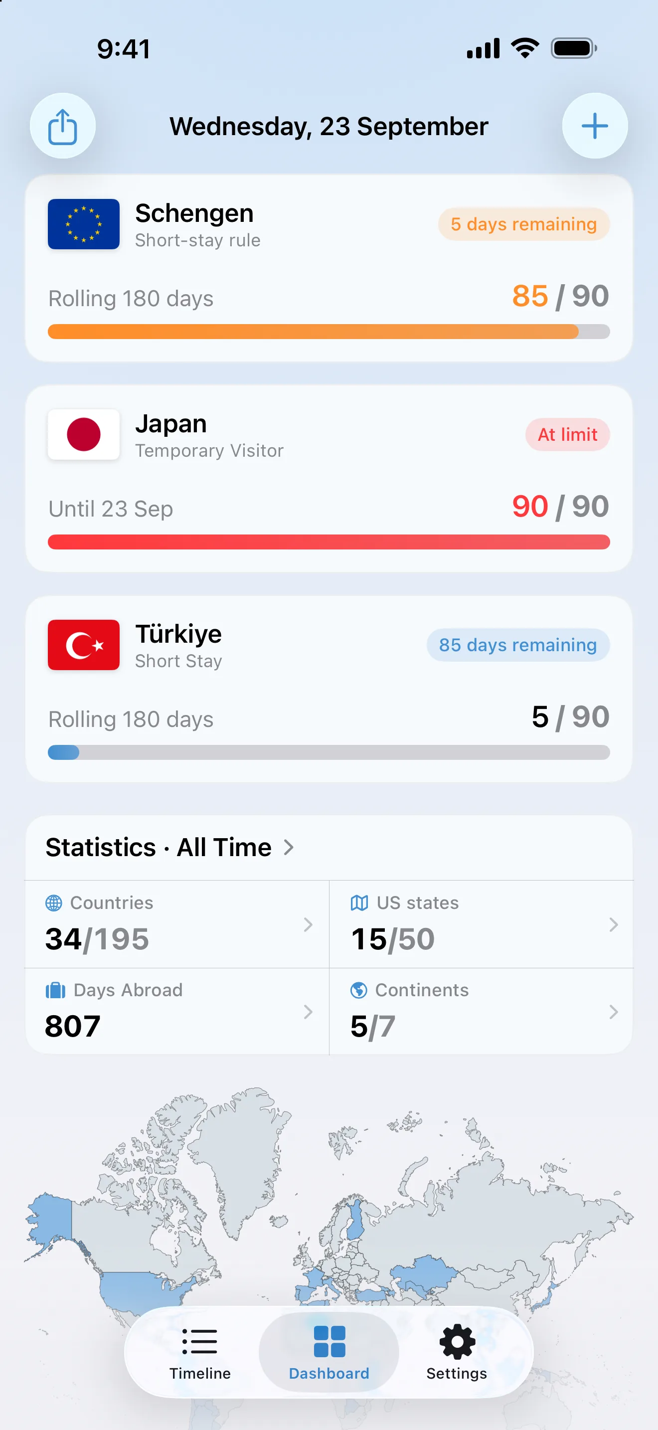 The AtlasDays dashboard with three visa trackers: Schengen orange at 85 of 90 days, a Japan Temporary Visitor stay red at its limit, and Türkiye at 5 of 90
