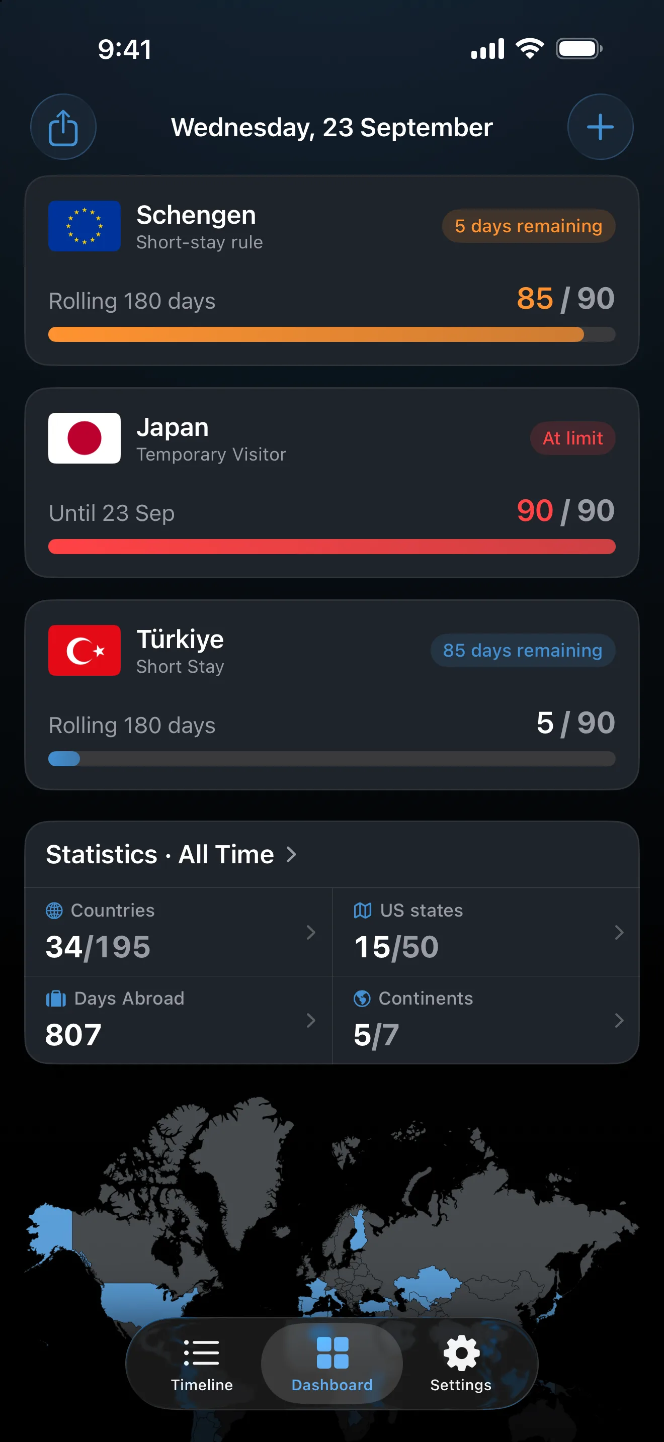 The AtlasDays dashboard with three visa trackers: Schengen orange at 85 of 90 days, a Japan Temporary Visitor stay red at its limit, and Türkiye at 5 of 90