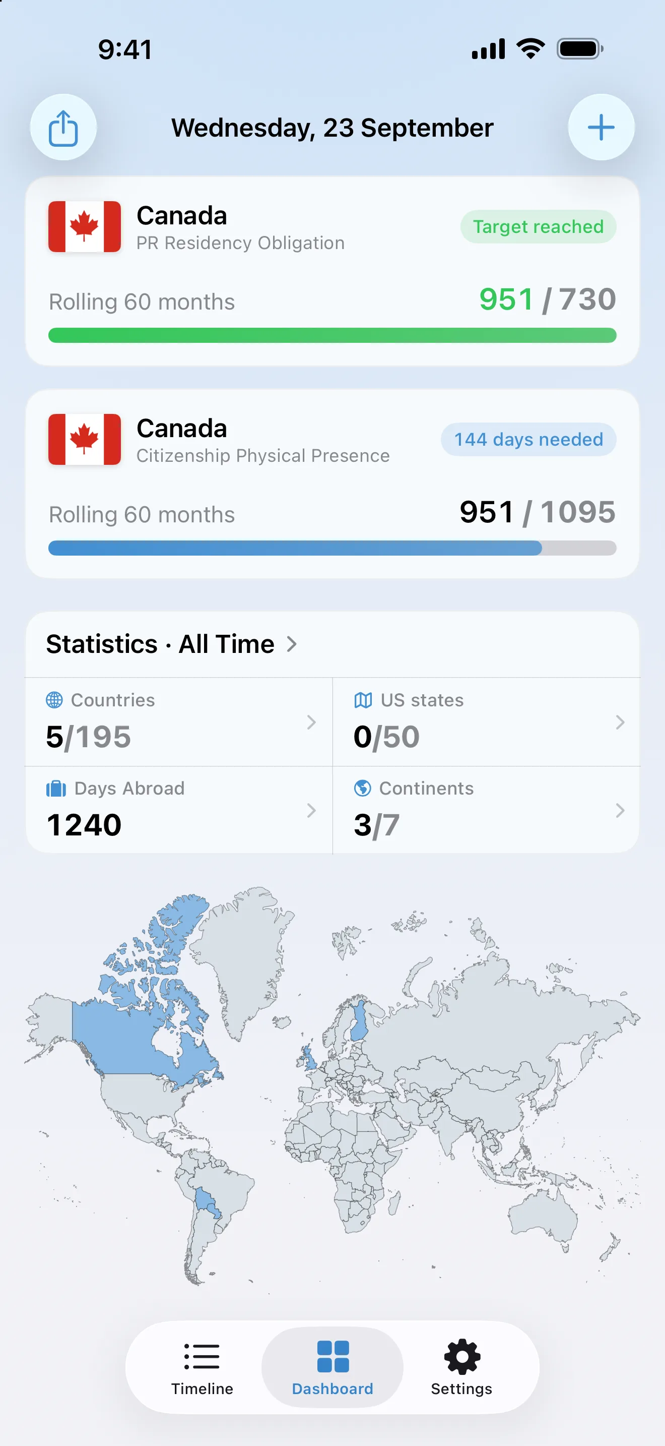 The AtlasDays dashboard with two Canada trackers: the PR residency obligation reached at 951 of 730 days, and citizenship physical presence at 951 of 1,095 with 144 days needed