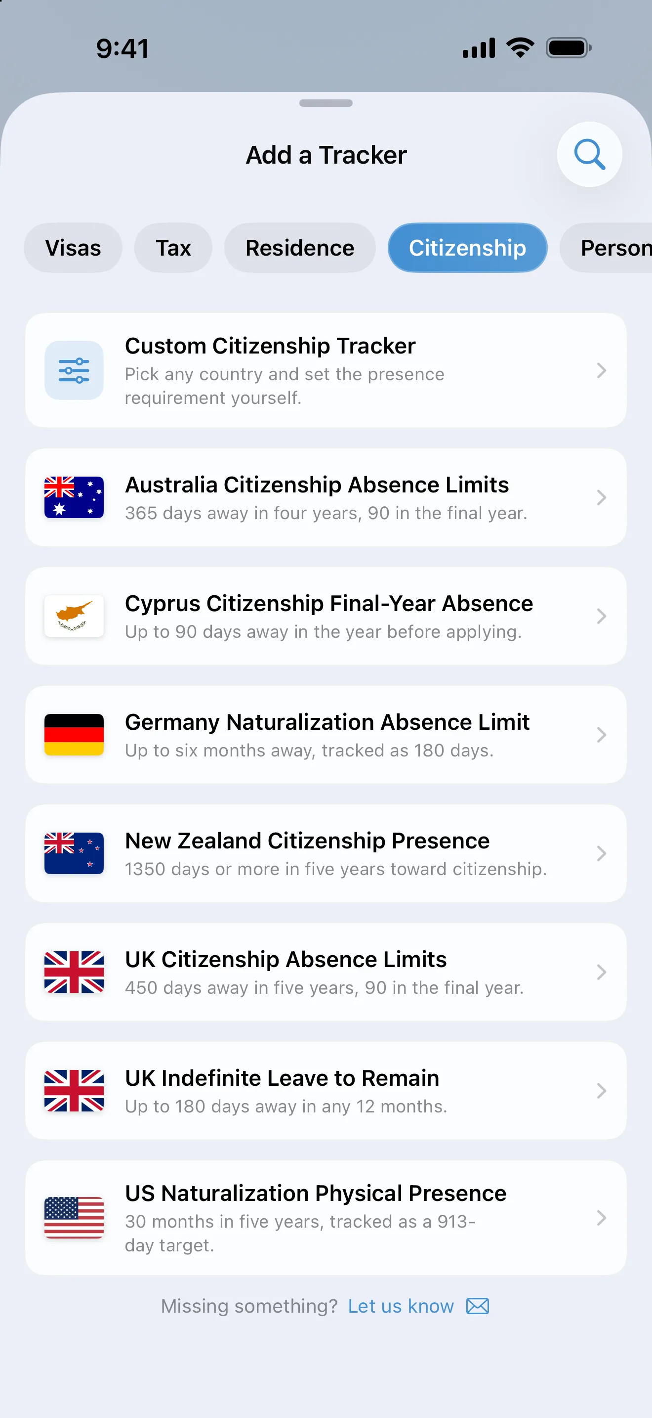 The AtlasDays Add a Tracker screen filtered to Citizenship, listing presets for Australia, Cyprus, Germany, New Zealand, the UK, and the US