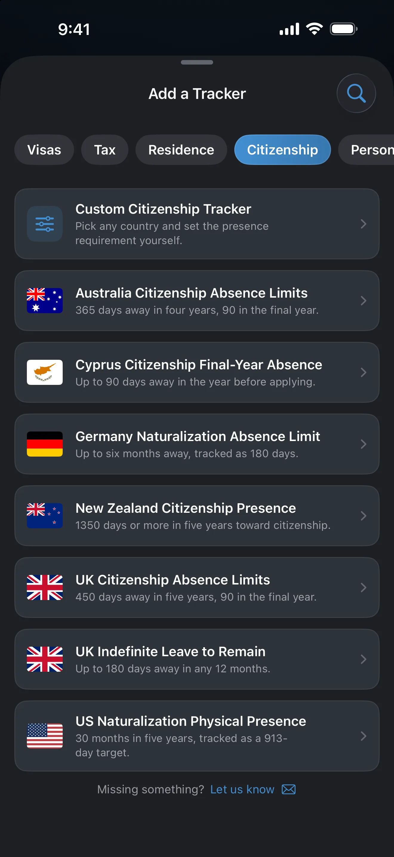 The AtlasDays Add a Tracker screen filtered to Citizenship, listing presets for Australia, Cyprus, Germany, New Zealand, the UK, and the US
