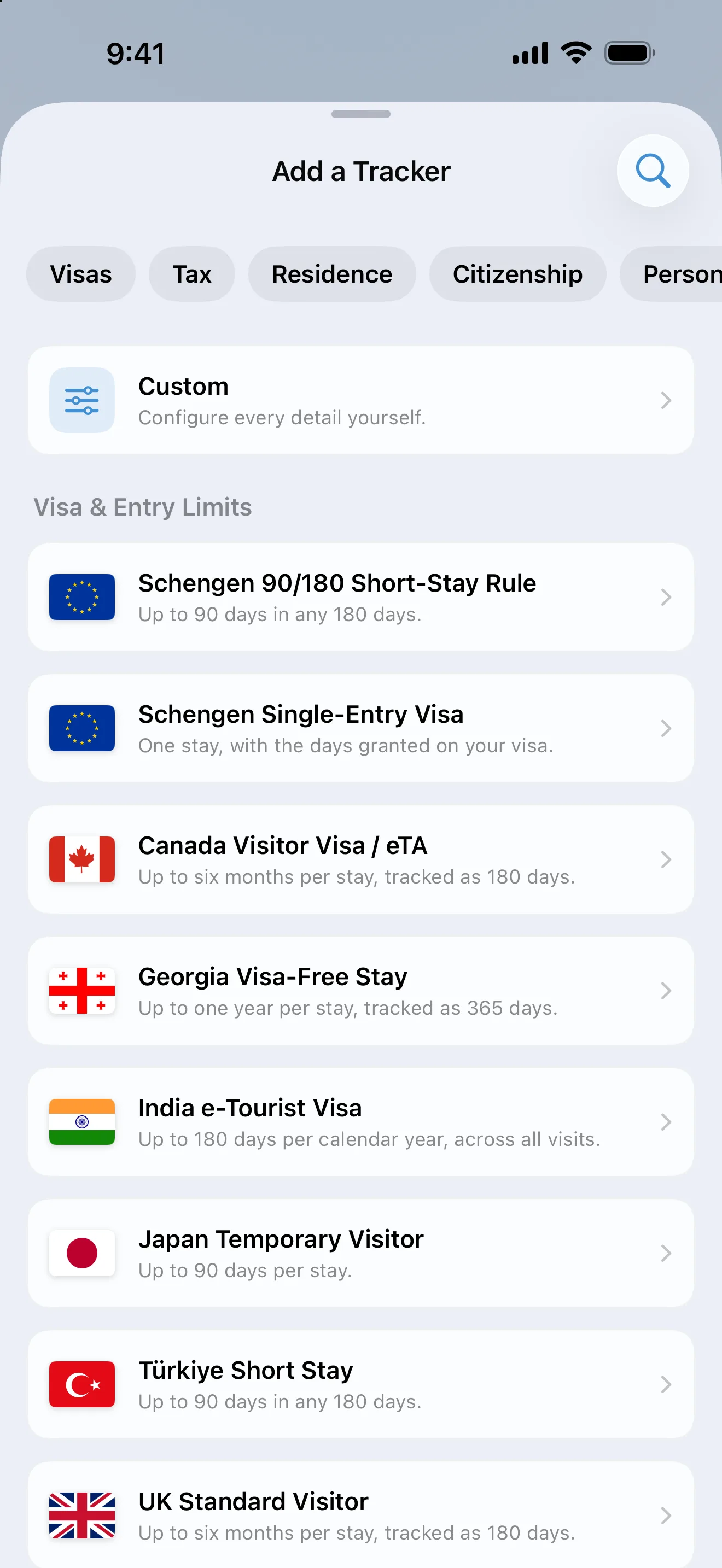 The AtlasDays Add a Tracker screen with filters for visas, tax, residence, and citizenship above ready-made visa and entry limit rules