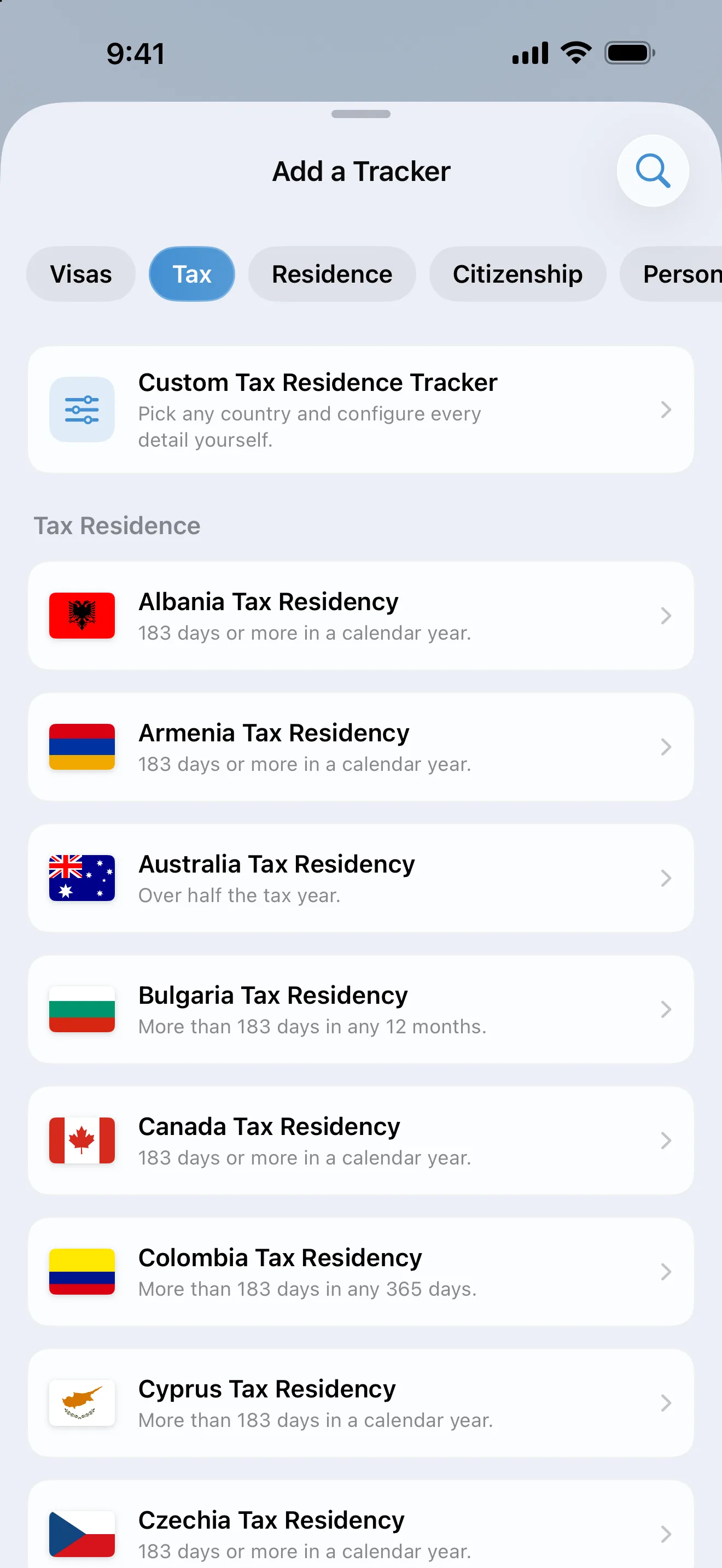 The AtlasDays Add a Tracker screen filtered to Tax, listing tax residence presets from Albania to Czechia with their day tests