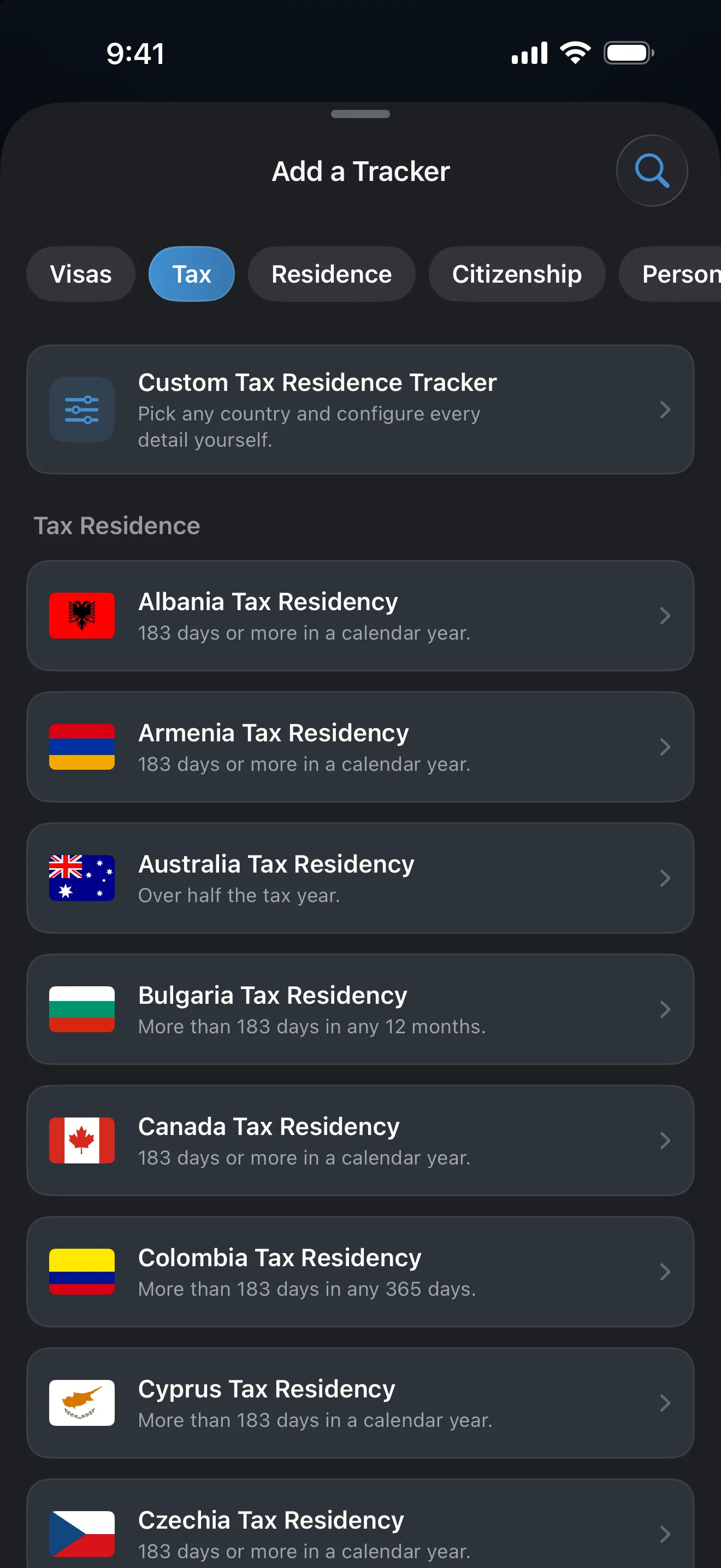 The AtlasDays Add a Tracker screen filtered to Tax, listing tax residence presets from Albania to Czechia with their day tests
