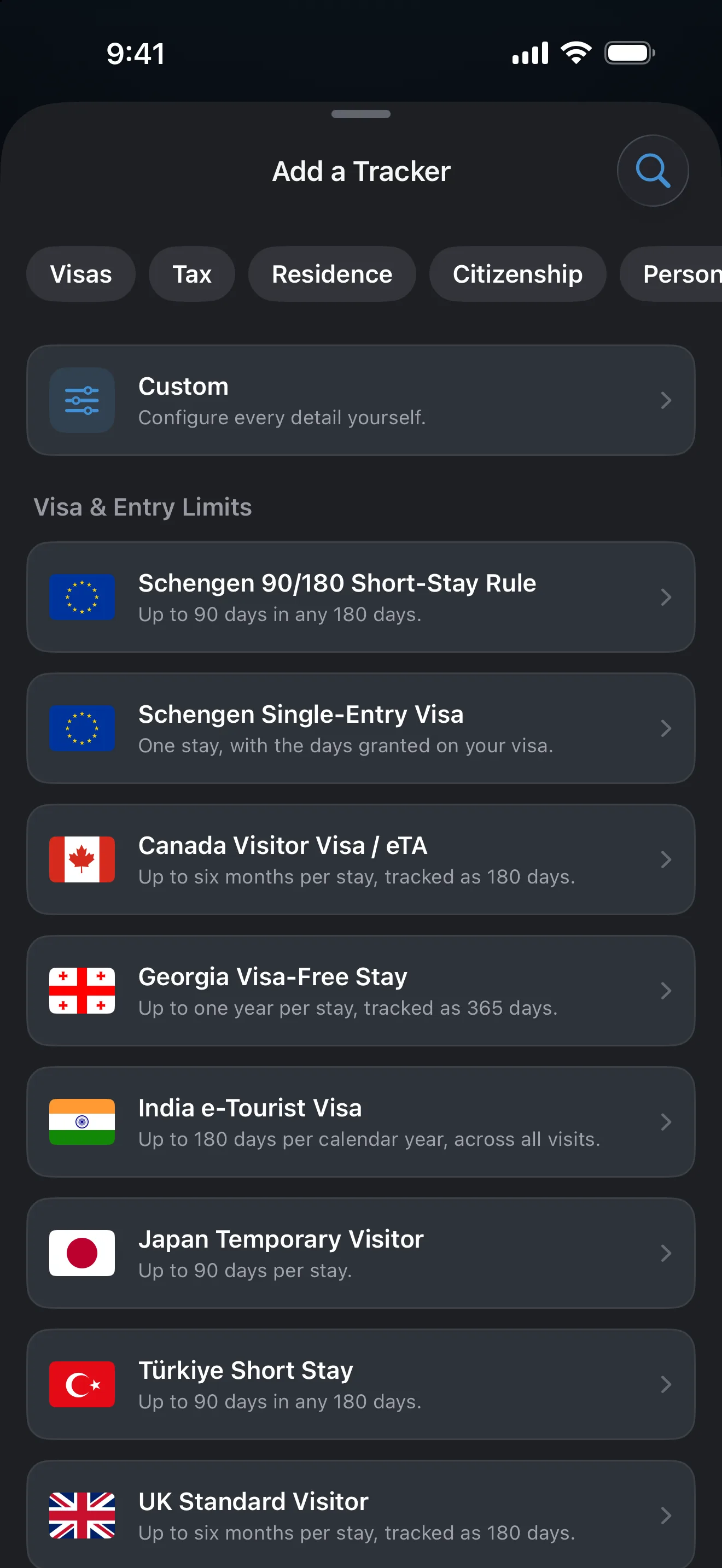 The AtlasDays Add a Tracker screen with filters for visas, tax, residence, and citizenship above ready-made visa and entry limit rules