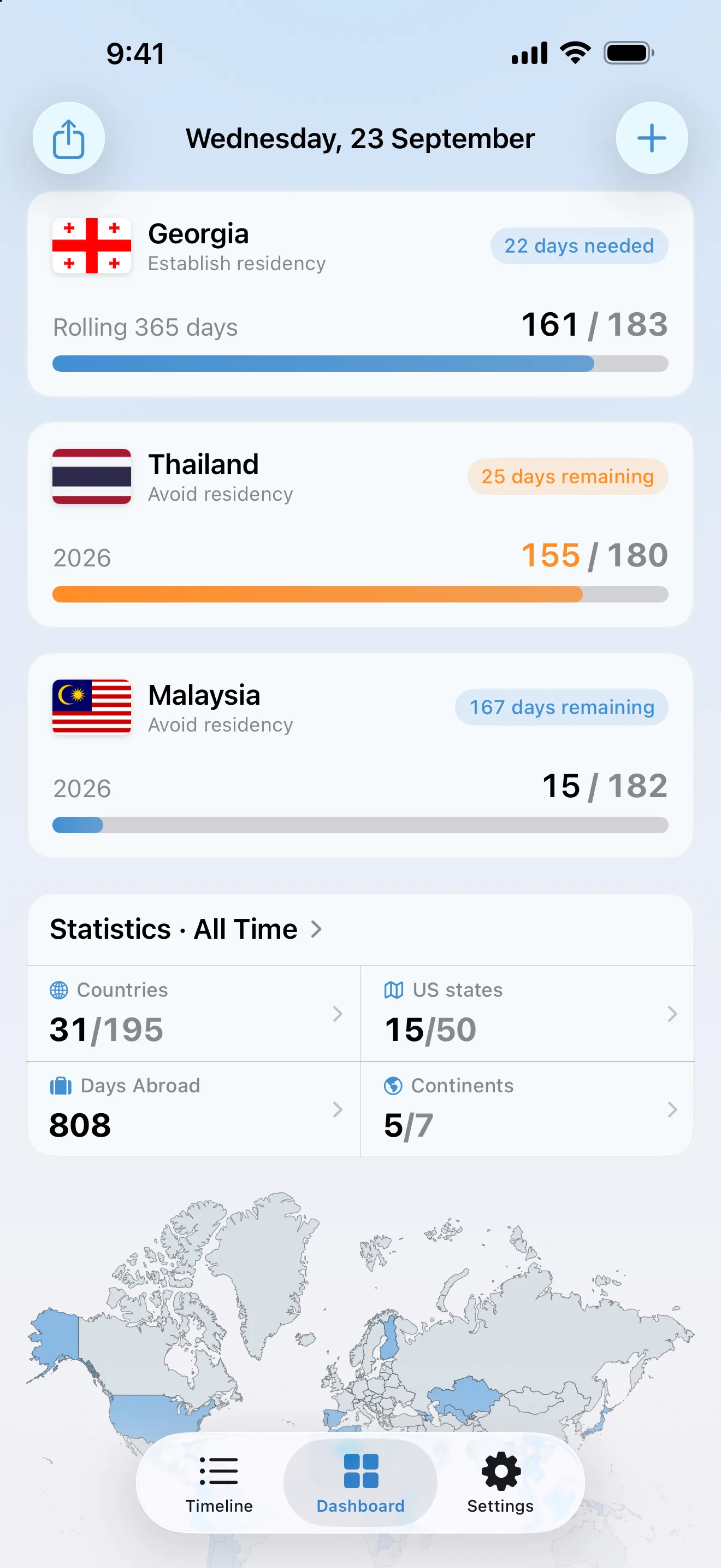 The AtlasDays dashboard with three tax residence trackers: Georgia at 161 of 183 days with 22 days needed, Thailand orange at 155 of 180, and Malaysia at 15 of 182
