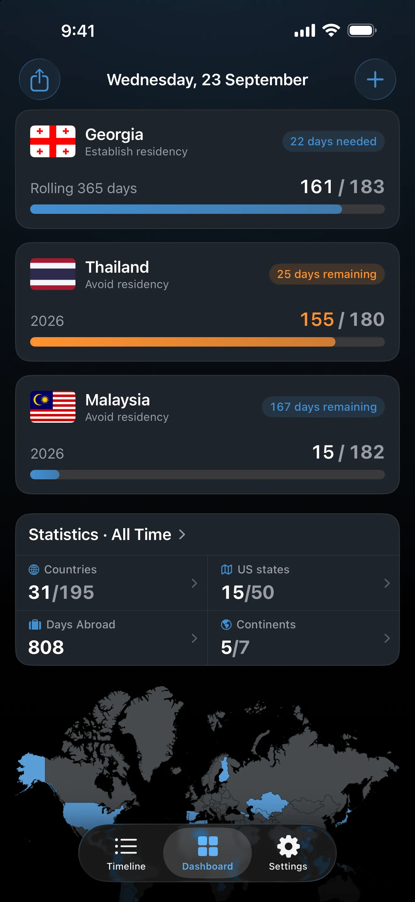 The AtlasDays dashboard with three tax residence trackers: Georgia at 161 of 183 days with 22 days needed, Thailand orange at 155 of 180, and Malaysia at 15 of 182