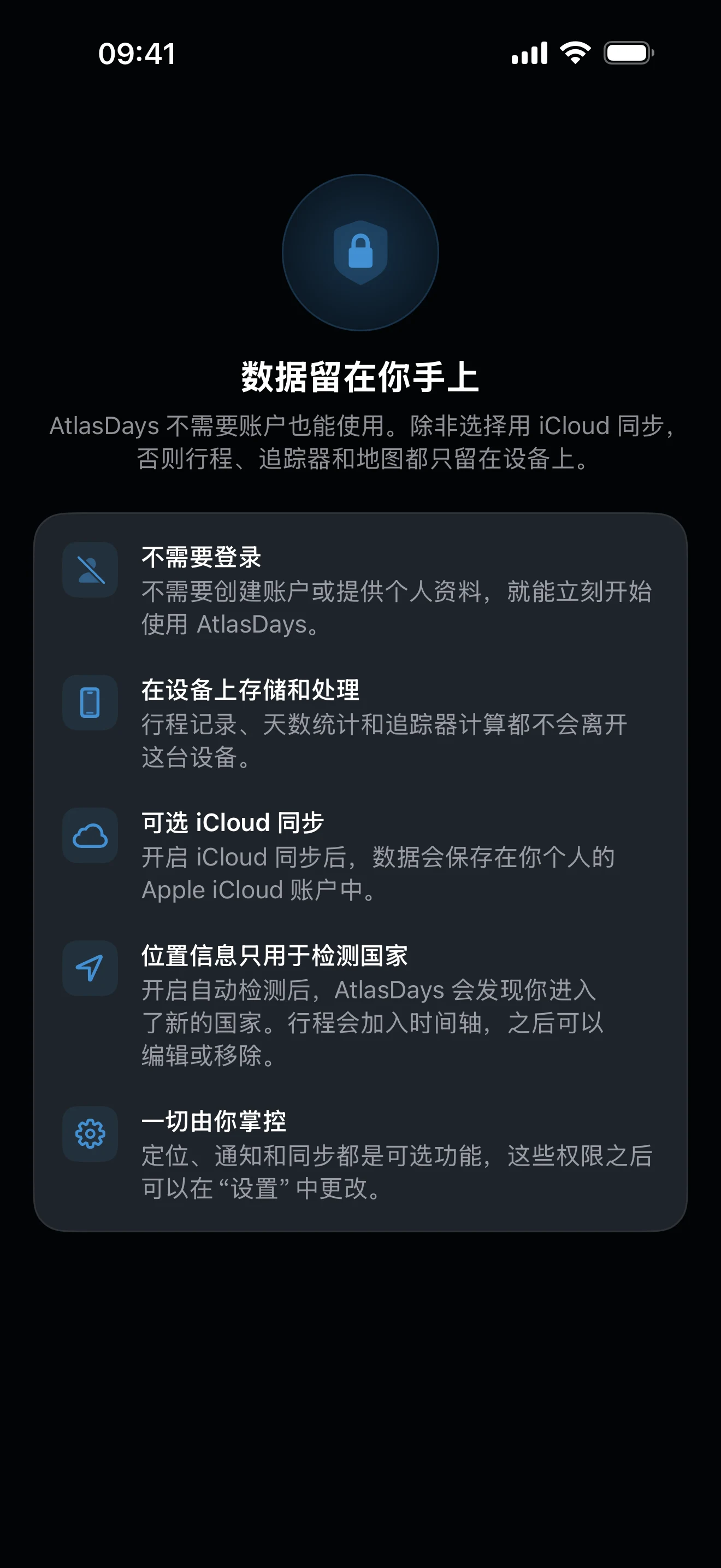 AtlasDays 隐私说明页，解释旅行数据留在设备上，并可选择使用 iCloud 同步