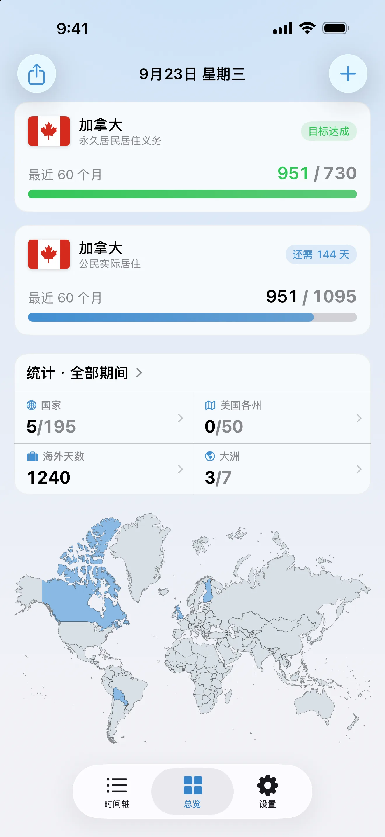 AtlasDays 总览上的两个加拿大追踪器：永久居民居住义务已满 951 天（要求 730 天），已经达成；入籍实际居住天数已满 951 天（要求 1,095 天），还需 144 天