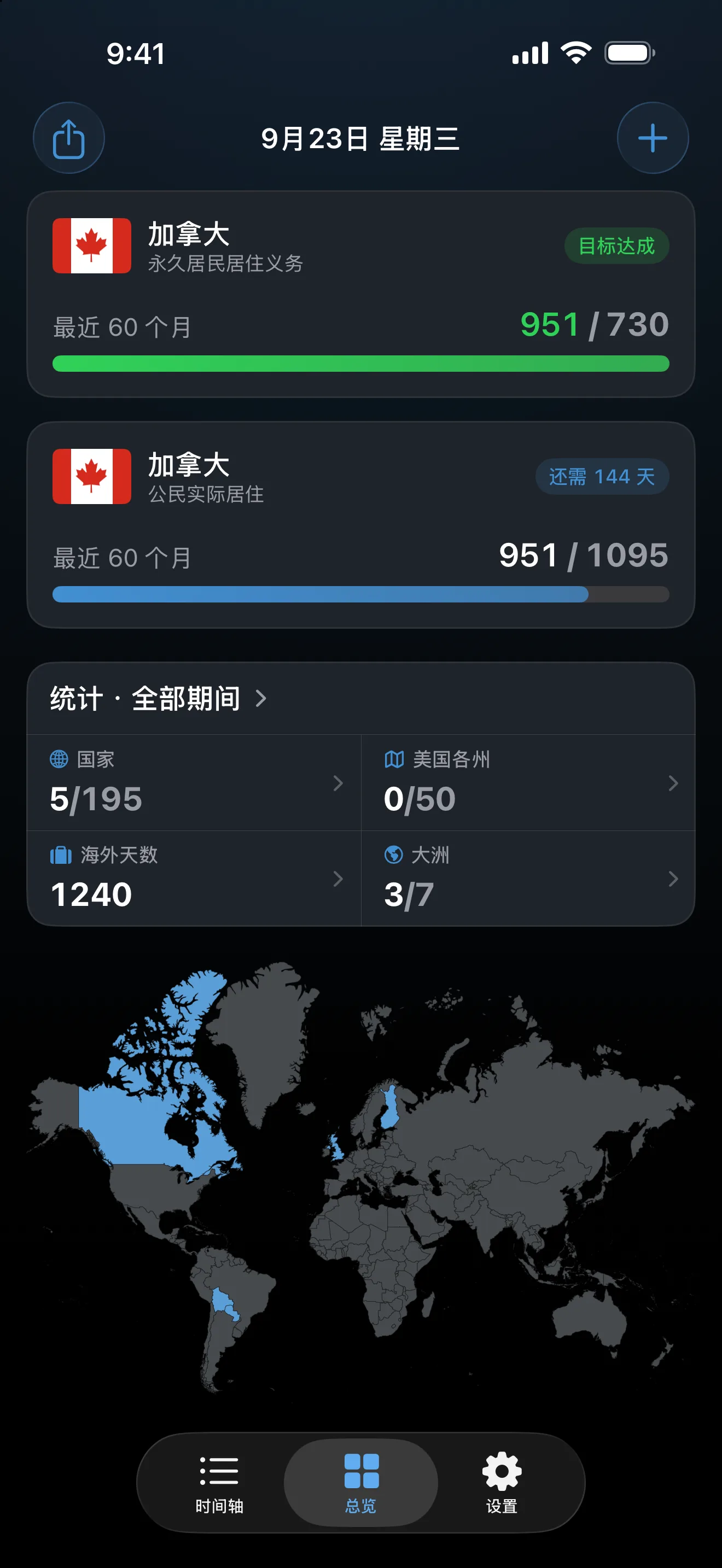 AtlasDays 总览上的两个加拿大追踪器：永久居民居住义务已满 951 天（要求 730 天），已经达成；入籍实际居住天数已满 951 天（要求 1,095 天），还需 144 天