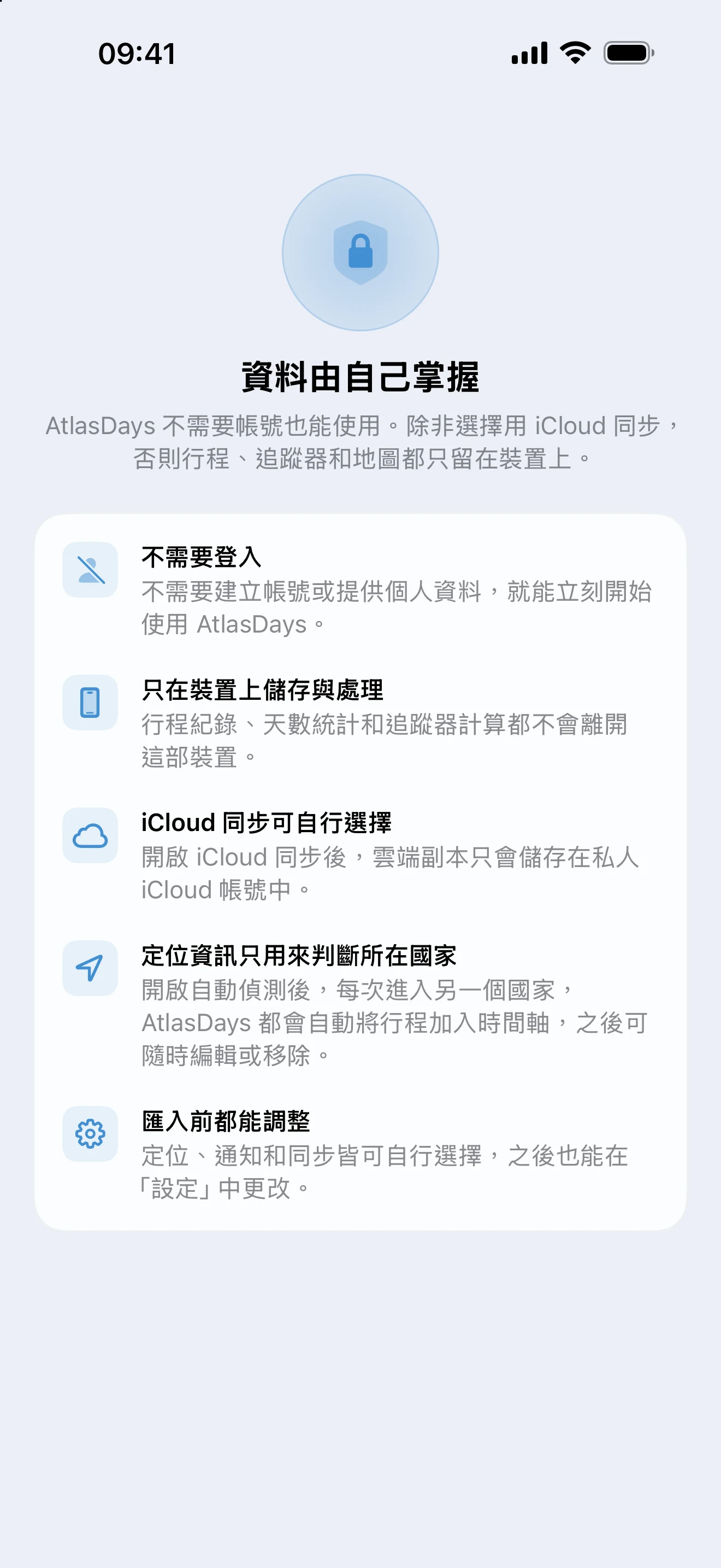 AtlasDays 隱私權說明頁，說明旅行資料留在裝置上，iCloud 同步為選用