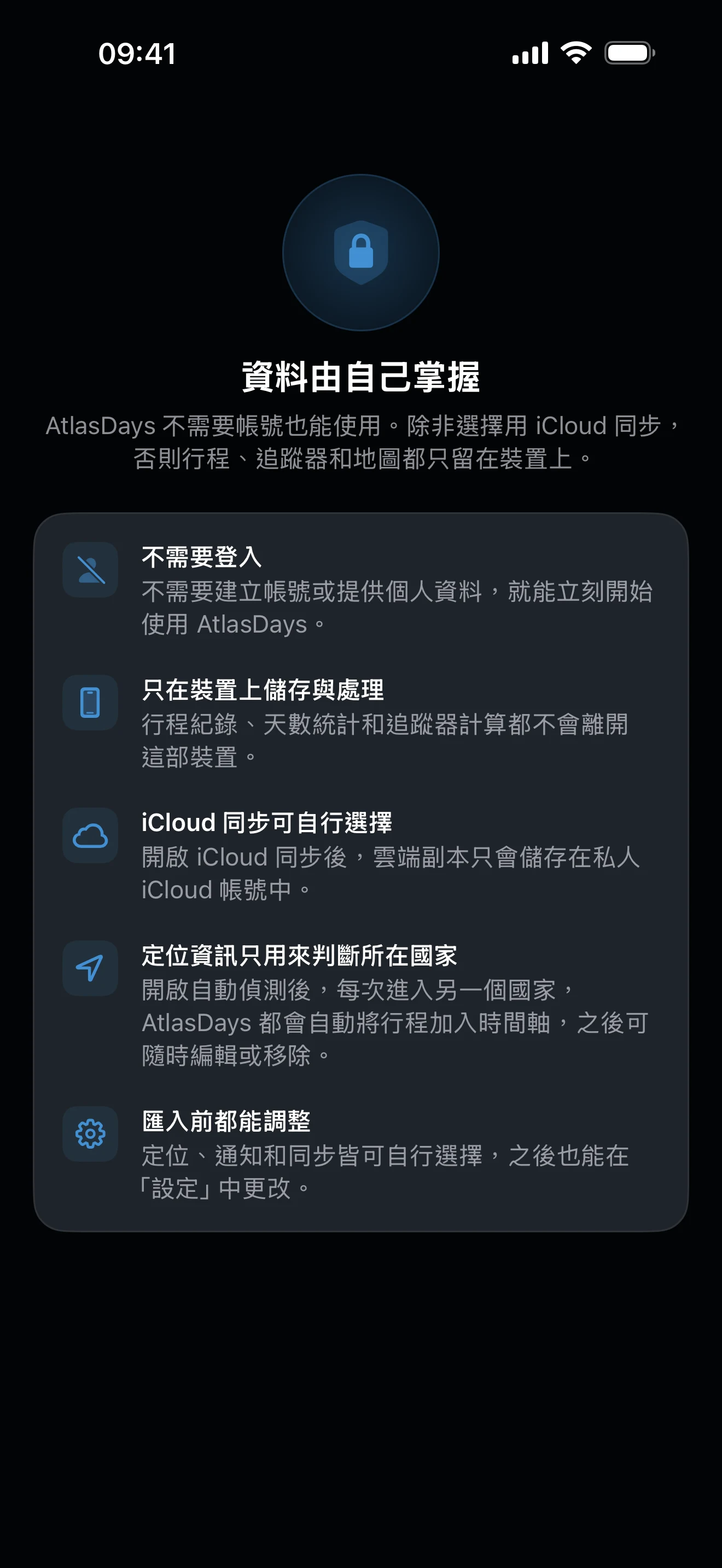 AtlasDays 隱私權說明頁，說明旅行資料留在裝置上，iCloud 同步為選用