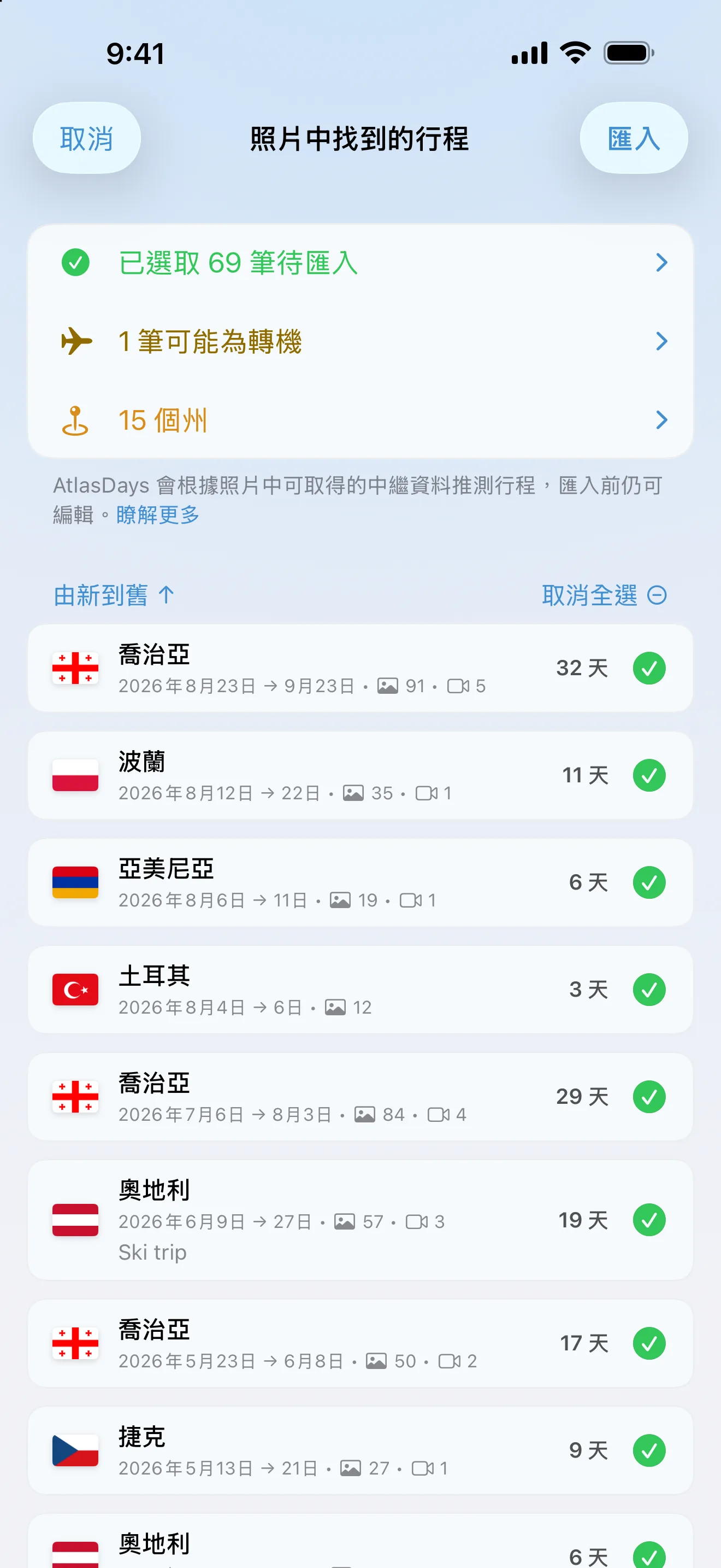 照片匯入確認畫面：從照片圖庫找到的行程，儲存前逐一確認