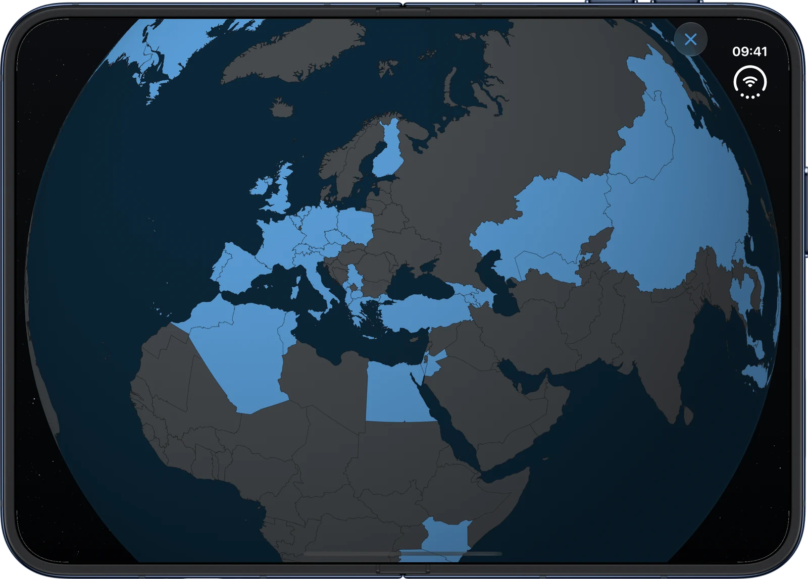 A 3D globe on the opened iPhone Duo with visited countries in Europe, the Caucasus and Central Asia highlighted in blue