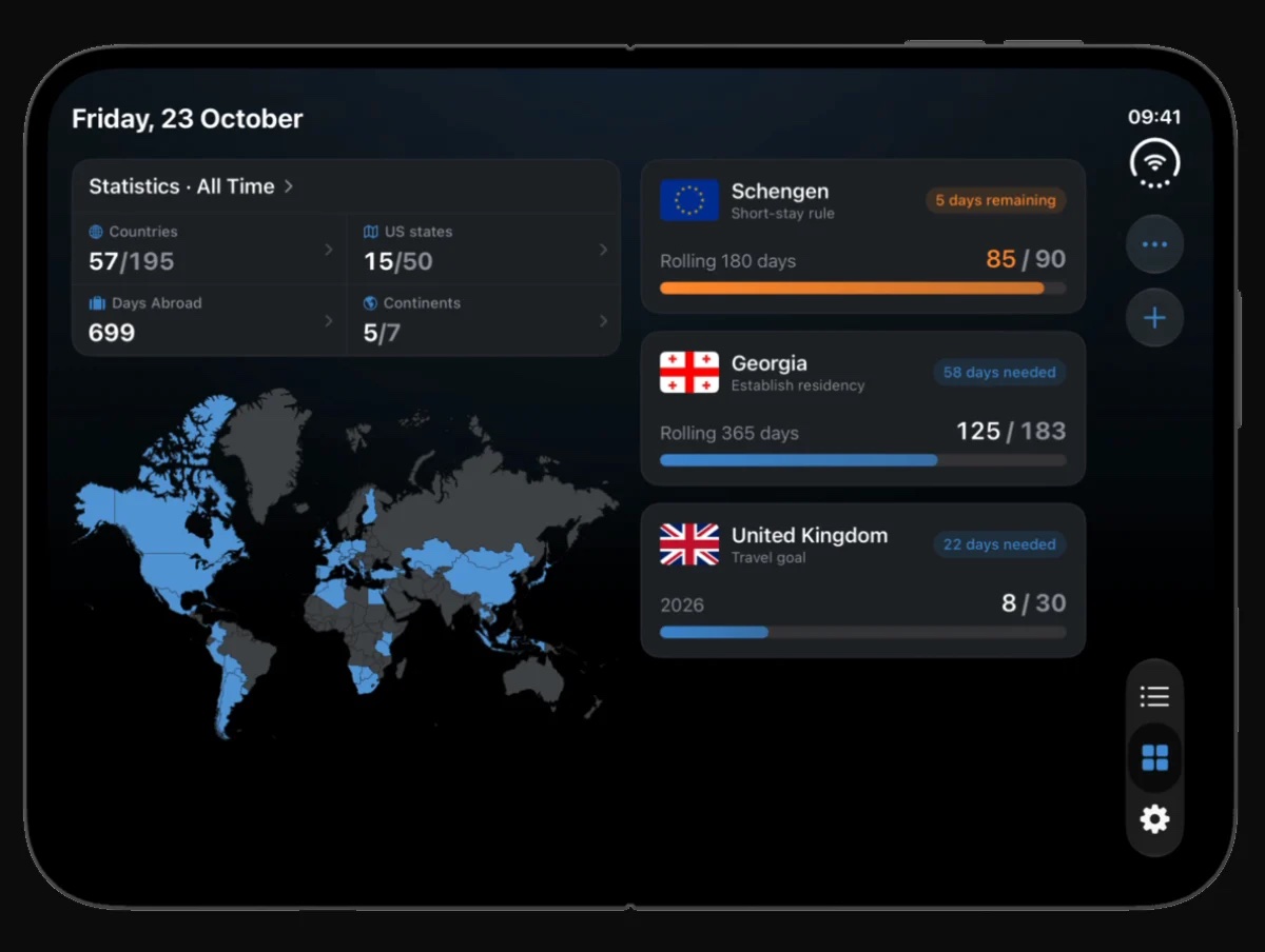 AtlasDays Dashboard on the opened iPhone Duo: statistics and the map on the left, trackers on the right