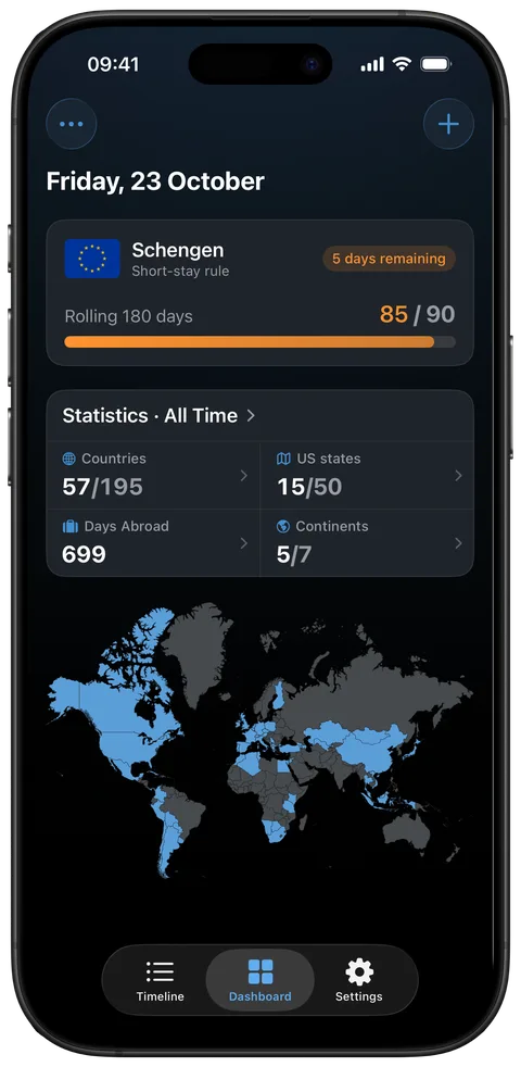 AtlasDays Dashboard on iPhone on Friday, 23 October: the Schengen 90/180 tracker, statistics and the world map