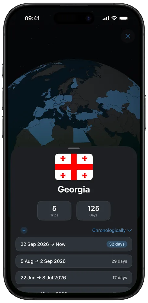 The globe on iPhone with Georgia open: 5 trips and 125 days, and the list of its trips