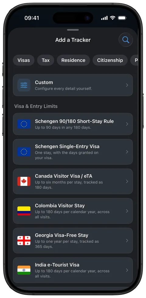 Add a Tracker on iPhone: presets for visas, tax, residence and citizenship